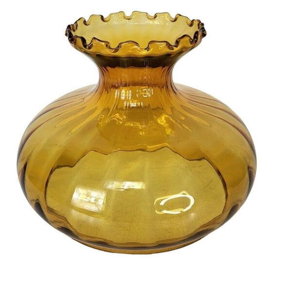 Vintage MCM Amber Ribbed Glass Empoli Ruffled Edge Hurricane Parlor Lampshade - Picture 10 of 11